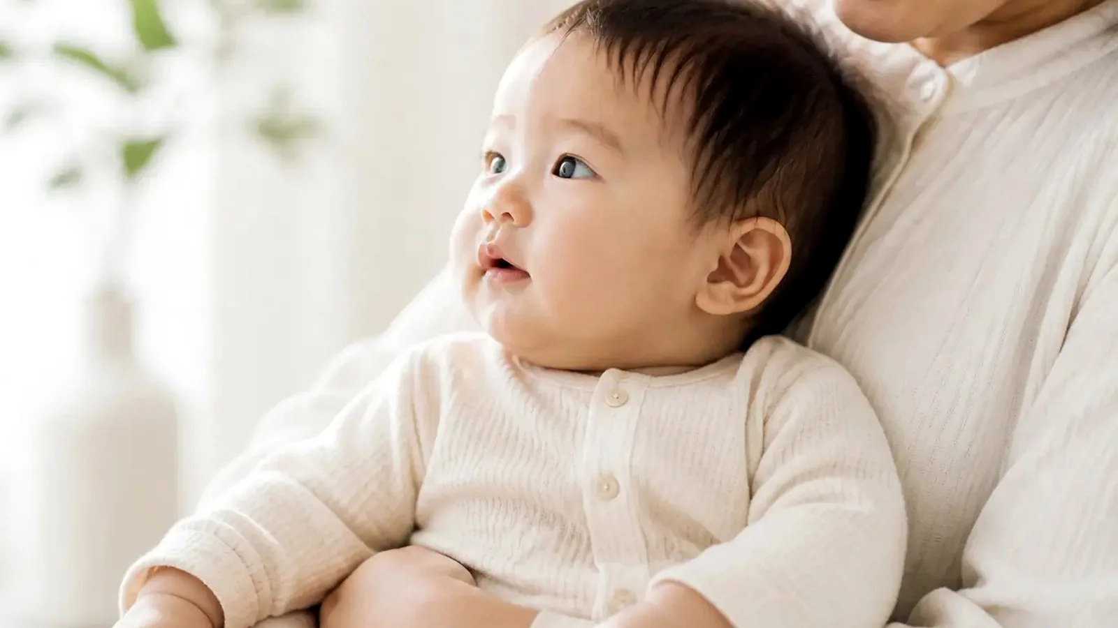 自然光の部屋で赤ちゃんを見守る保護者