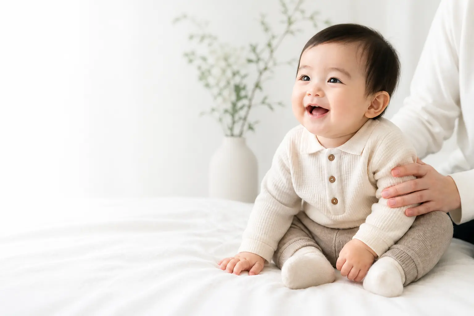 白い寝具の上で穏やかに過ごす赤ちゃん